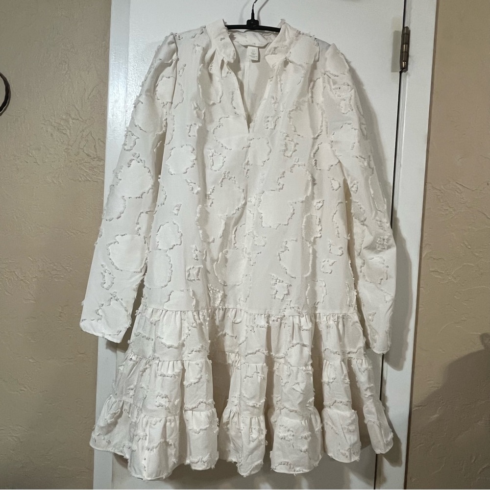 H&M Textured Off-White Textured Women's Knee length Long Sleeved Collared Dress